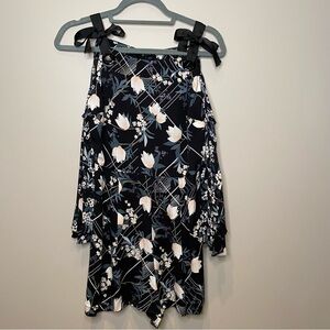 Topshop Floral Cold Shoulder Dress with Black Bow Ties, US size 4